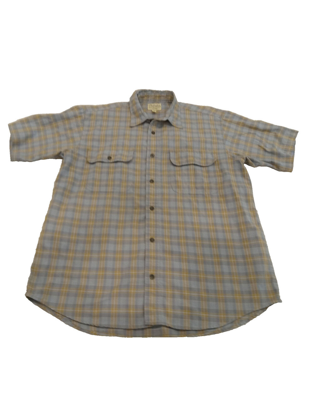 Cabelas Shirt Mens Large Blue Yellow Plaid Short Sleeve Dual Flap Pocket Utility